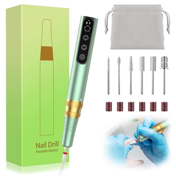 YBLNTEK Cordless Nail Drill 35000RPM Electric Nail Drill Machine for Acrylic Gel Nails Portable Electric Nail File Kit for Home Salon Manicure Pedicure and Polishing Green