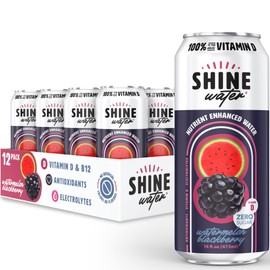 ShineWater Vitamin D Hydration Electrolyte Drink - Flavored Water with Electrolytes, Sugar-Free, Magnesium, Zinc, Vitamin B12, Plant-Based, Low Calorie - Watermelon BlackBerry Fruit Water 12 Pack
