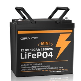 GRNOE 12V 100Ah Mini LiFePO4 Lithium Battery,15000+ Deep Cycles 1280Wh LiFePO4 Battery for RV, Marine/Trolling Motors, Solar System,Camping,Lawn Mowers,Home Backup Power,(100A Smart BMS)
