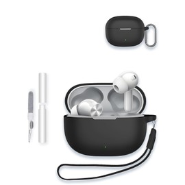 Case for realme Buds T200 Lite Bluetooth in Ear Earbuds, WUNIAK Soft Silicone Protective Portable Scratch Shock Resistant Shell with Cleaner Kit & Carabiner & Lanyard ，Black