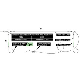 Xubbwov Deep Drop Fishing Rig - Snapper, Tilefish, Grouper, Halibut - 5 Circle Hooks With Glow Sleeve - Sizes 8/0 to 16/0 (12/0)