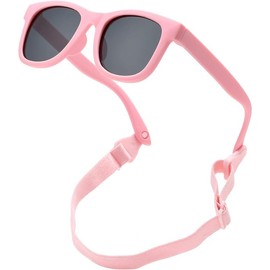 NiaWa Bendable Flexible Polarized Newborn Baby Sunglasses with Strap for Infant Boys Girls Age (0-12 Months), Pink Frame / Grey Lens