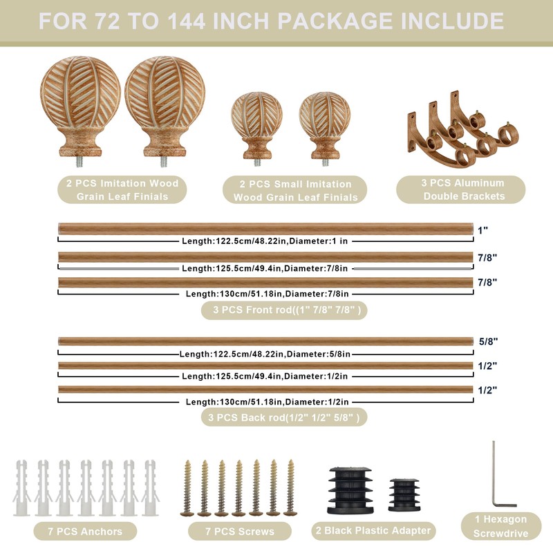 Mayrhyme Wood Double Curtain Rods Set for Windows 72 to