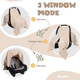 Boryokun Baby Car Seat Cover Muslin Infant Carseat Canopy, Peekaboo Opening Car Seat Covers, Unisex Large Universal Fit Lightweight Breathable Newborn Breastfeeding Nursing Covers