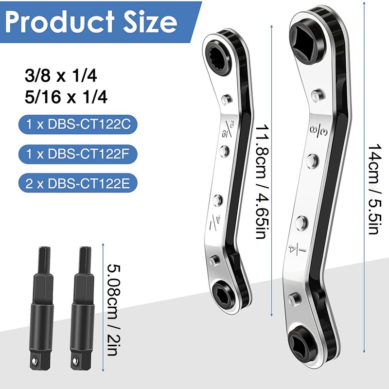 HVAC Service Wrench 3/8 to 1/4in 5/16 to 1/4in Stainless