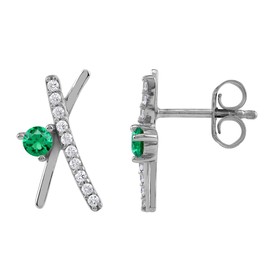 Silvershake Created Nano Green Emerald White Gold Plated 925 Sterling Silver Minimalist Trendy X O Criss Cross Stud Post Earrings May Gemstone Birthstone Jewelry for Women, Sterling Silver Rhodium