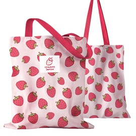 Miss Adola Aesthetic Canvas Tote Bag for Women - Sturdy Cloth Cotton Totes Bag with Pattern Shoulder Bag for Shopping, Grocery, Gym, Stick Stawberry