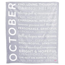 Pavilion Gift Company - October - Birth Month Royal Plush Blanket, Birthday Throw, Birthday Blanket, Pink Embroidered Heart, 1 Count, 50 x 60-inch, Gray