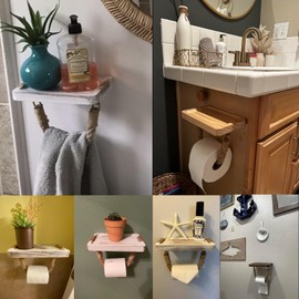 Perfeso.L Modern Log-Color Toilet Paper Holder with Wooden Shelf Farmhouse Bathroom Decor–Rustic Nautical Rope Beach Towel Rack–Wall Mounted Coastal Toilet Tissue Roll Holder–Natural Wood