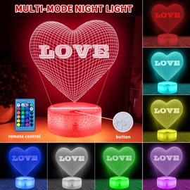 Haisic LOVE 3D Illusion Lamp, Dimmable 16 Colors Changing Touch Switch Bedroom Decoration Night Light Acrylic Flat, ABS Base Remote Control Light for Lover Parent Gift