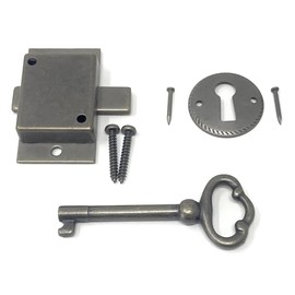 Metal Magery Small Antique Brass Flush Mount Lock for Curio Cabinet Doors or Dresser Drawers & Skeleton Key
