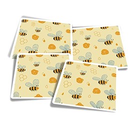 Vinyl Square Stickers (Set of 4) 10cm - Honey Bee Pattern Mother's Day for Laptops, Tablets, Luggage, Scrap Booking, Fridges #170624