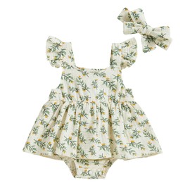 Himllauen Baby Girl Romper Dress Bow Print Short Sleeve Jumpsuit Newborn Baby Casual Romper with Headband 2 Pieces Outfit for Baby Girls 0-18 Months (Beige 1, 3-6 Months)