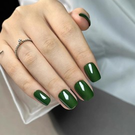 Vopintpy Dark Green Solid Color Press on Nails Short Square Fake Nails Mirror Acrylic Glue on Nails Full Cover Artificial Stick on Nails for Women DIY Charm Manicure
