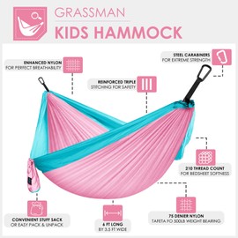 GRASSMAN Kids Hammock-Small Camping hammocks, Portable Camping Gear for Child Indoor/Outdoor use, with Tree Straps & Carabiners Pink & Blue