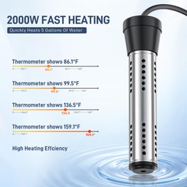 2000W Immersion Water Heater with Dry Burn Protection, Auto Shut-Off - Portable Electric Water Heater with LCD Thermometer 304 SS Guard, Bucket Heater for Camping, Bathtubs, Swimming Pools