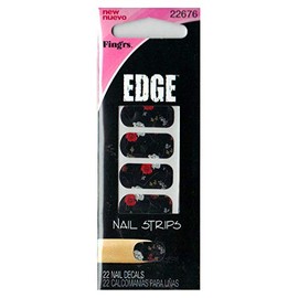 Fing'rs (1) Pack Edge Nail Strips - 22 Nail Decals per Pack - Black with Red & White Roses Floral Design - #22676