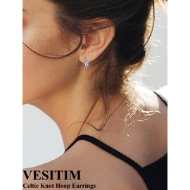 Vesitim Celtic Knot Hoop Earrings for Women 925 Sterling Silver Square Huggie Earring Created Alexandrite Jewelry