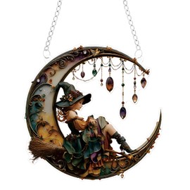 Sun Catchers, Double Side Printed, Witch SunCatcher with Metal Chains, Suncatcher for Windows, Moon & Witch Ornaments, Gothic Stained Glass Window Decorations, Charming Witch Gifts