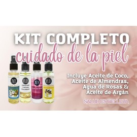 Kit Completo para Cuidado de la Piel: Agua de Rosas, Aceite de Argán, Aceite de Coco, Aceite de Almendras. Antienvejecimiento, antiarrugas, tratamiento facial regenerador