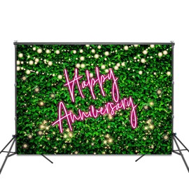 Fitumiw Green Leaves Happy Anniversary Backdrop 7x5ft Greenery Pink Neon Anniversary Party Decorations Background Bridal Shower Engagement Banner Photo Booth Props