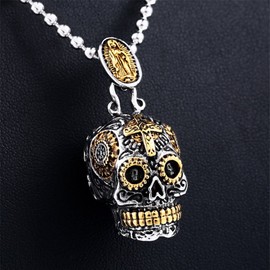 INRENG Stainless Steel Sugar Skull Pendant Necklace Gothic Skeleton Pendants for Men with 24inch Chain, Silver Gold