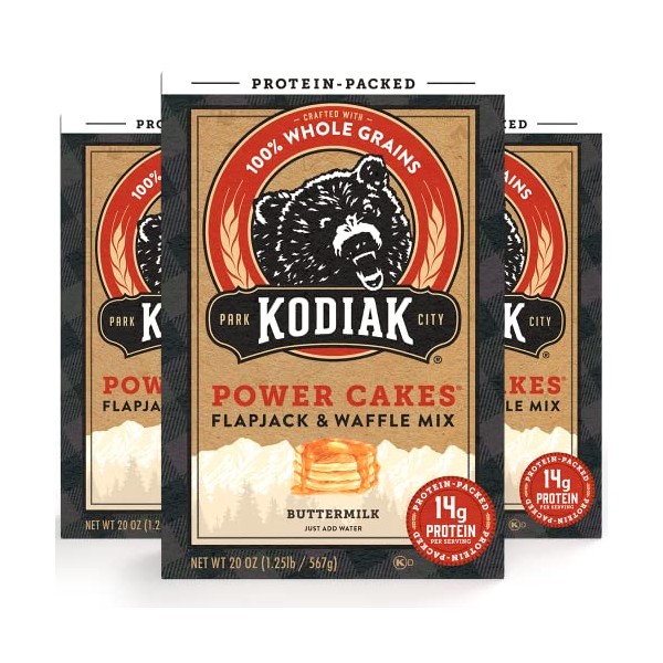 Kodiak Cakes Power Cakes - Protein Pancake Mix & Waffle Mix - 100% Whole Grain - Buttermilk (Pack of 3)