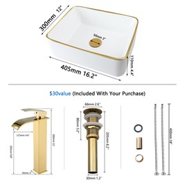 Sinku Mccut Ceramic White Vessel Sink with Faucet and Drain Combo Rectangle Vessel Sink Modern Above Counter Bathroom Sink Bowl White Body with Gold Trim