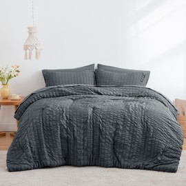 Love's cabin Seersucker Charcoal Grey Queen Comforter Set 7 Pieces, Queen Bed in a Bag, All Season Bedding Set with Comforter, Flat Sheet, Fitted Sheet, Pillowcase and Pillow Sham