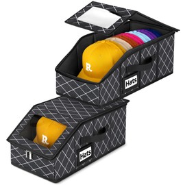 Dofilachy 2 Pack Stackable Hat Storage for Baseball Caps, Holds 28 Caps - Closet Organizer Box with Clear Window & Cardboard，Sturdy Snapback Hat Boxes for Home Storage (lozenge, 2)