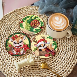 8 Pcs Christmas Diamond Art Coasters Kits with Holder, Diamond Painting Coasters Kits for Adults, DIY 5D Diamond Dots Small Mini Kit Round Full Drill Art Craft Supplies 4X4 Inch