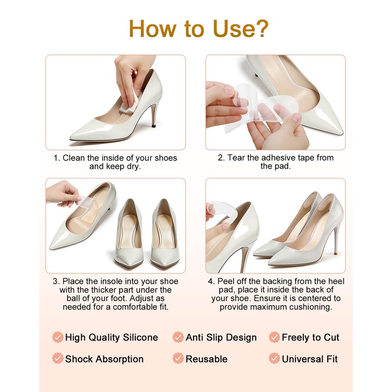 4 Pairs Silicone High Heel Inserts Weight Shifting for Women,