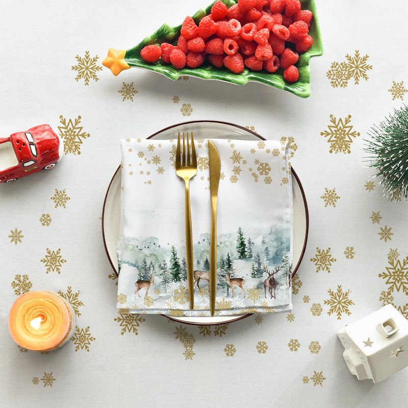 Artoid Mode Gold Snowflakes Trees Deer Christmas Table Cloth, Rectangular