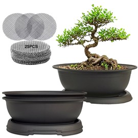 MUZHI 3 Pack Oval Bonsai Training Pot with Drainage Tray, Matte Finish Nursery Plastic Bonsai Planter with 25PCS 2inch Mesh pad (5.2" Small)