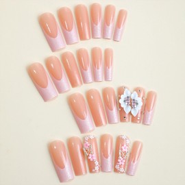 Extra Long Press on Nails Square Coffin Fake Nails Nude Pink Floral Design Full Cover Acrylic False Nails for Women and Girls 24PCS XY-60-79