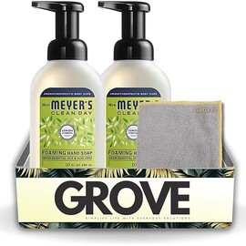 GROVE Clean Day Organic Lemon Verbena Scent Foam Hand Soap 10 oz Bundle with Microfiber Cloth - Moisturizing Natural Hand Soap for Kitchen & Bathroom - (3 Items)