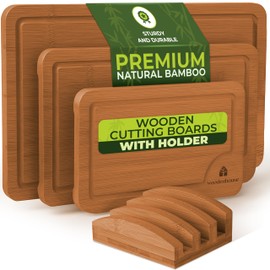 Cutting Boards for Kitchen, Wood Cutting Board - Bamboo Cutting Board Set of 3 with Holder, Dark Color, Durable & Eco-Friendly, Perfect for Chopping, Serving, and Food Prep.