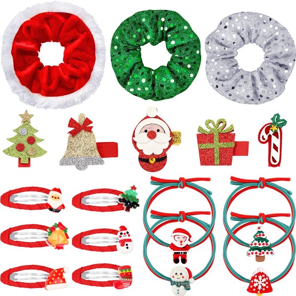 18 Pcs Christmas Hair Accessories for Girls Christmas Hair Clips Sequin Hair Scrunchies Kids Bows Red Hair Clips Hair Ties Snap Barrettes Glitter Elastic Hair Bands Ponytail Holder for Women Girls