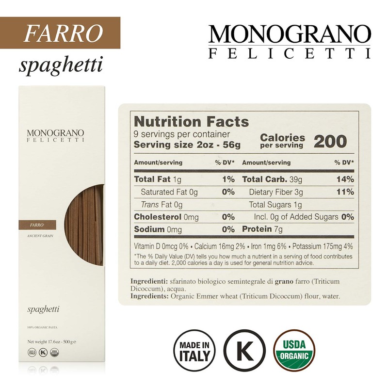 Monograno Felicetti Farro Spaghetti Pasta Italian Organic Non-GMO 17.6oz (500g)
