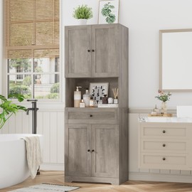 HIFIT Tall Bathroom Storage Cabinets with 4 Doors & Shelves & Drawer, Modern Farmhouse Linen Cabinet, 67” Tall Storage Cabinet Freestanding Furniture for Bathroom, Kitchen, Pantry, Living Room, Brown