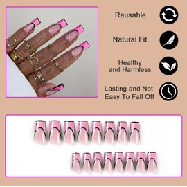 AKOFIC Pack of 24 Press on Nails Medium, Coffin French Artificial Nails, Glue-On Nails with Nail Glue, Square White Nude Acrylic Fake Nails for Women and Girls