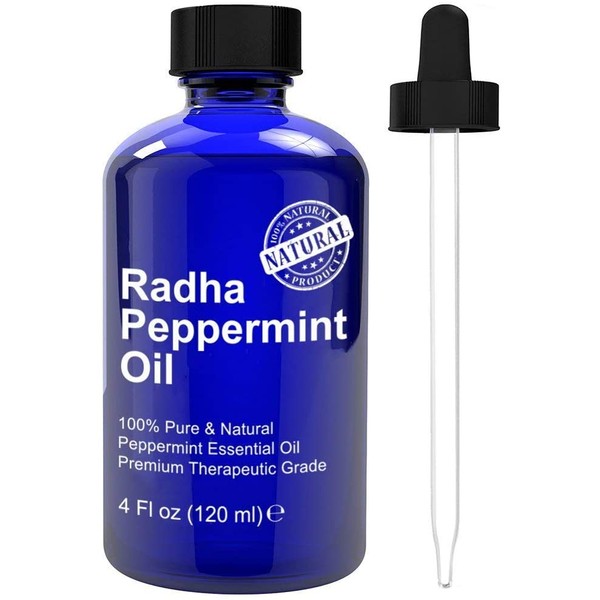 Radha Beauty Peppermint Essential Oil 4 oz - 100% Pure & Therapeutic Grade, Steam Distilled for Aromatherapy, Fresh Minty Scent, Mental Focus, Headaches, Congestion