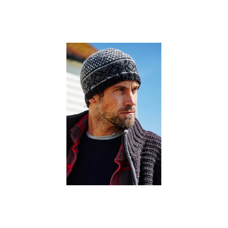 Pachamama Men Wool Beanie Skull Hat Fleece Lined Handknitted Charcoal