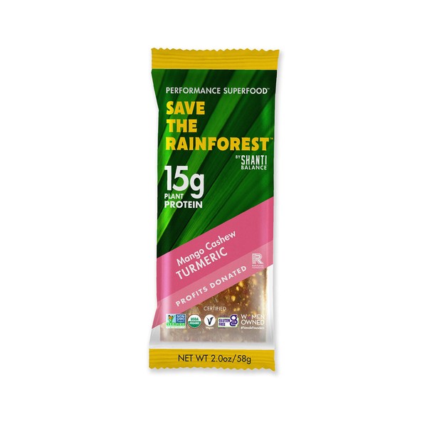 SAVE THE RAINFOREST by SHANTI BALANCE | Mango Cashew Turmeric | 15G Plant Protein | Organic Gluten Free Superfood | Gut Health Fiber | Immunity Boosting | Performance Nutrition | 12 Count, 2 oz Bars