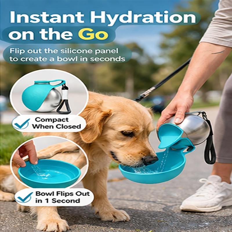 2-in-1 Dog Water Bottle & Bowl, Portable Stainless Steel Travel