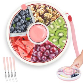 SelfTek Snack Box with Compartments Children, Snack Box with Lid Round, Snack Bowl with Lid, Snack Plate with Compartments, Portable Fruit and Candy Organiser for Children (Pink)