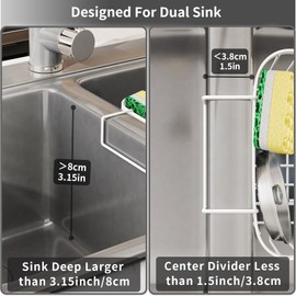 SWTYMIKI Sponge Holder for Kitchen Sink - Movable Kitchen Sink Caddy with M Shape Hook, Stainless Steel Hanging Sponge Caddy for Dish Sponge, Brush, Sink Stopper Organizer in Double Bowl Sink, White