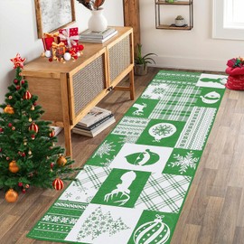 CAREMEE Christmas Area Rug Merry Christmas Indoor Carpet for Xmas Non-Slip Festive Christmas Throw Carpet Holiday Decoration Washable Xmas Rug for Fireplace Kitchen Living Room Bedroom Green 2 x 6 FT