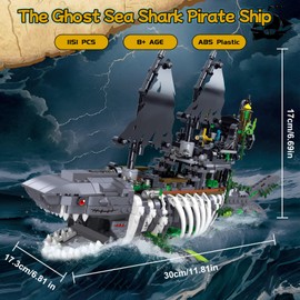 Hallisun Pirate Ship Shark Building Blocks 1151 pcs, Ghost Seashark Boat Model, Fishing Boat Shark-Shape Cruise Ship Construction Kit Toys Birthday Gifts Decor for Adults Boys 8+, 1151 PCS