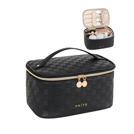 Prite Makeup Bag Portable Cosmetic Organizer with Brush Holder Waterproof Travel Toiletry Bag for Women with Handle and Divider (Checkered Black)